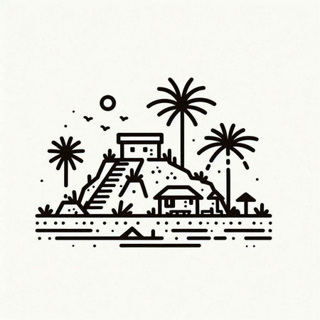 Vector illustration of sand castle on island with palm trees and houses.