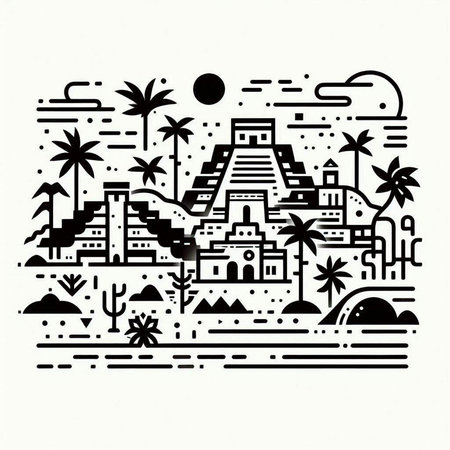 Ancient Egypt, pyramids and palm trees. Line art vector illustration.
