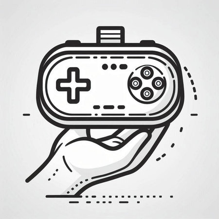Hand holding a gamepad. Outline style. Vector illustration.