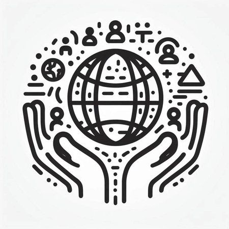 Vector line icon of human hands holding globe, social network, global communication.の写真素材