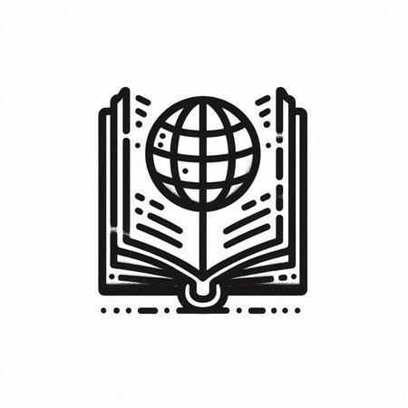 Open book with globe icon isolated on white background. Symbol of education and knowledge. Vector illustration.の写真素材