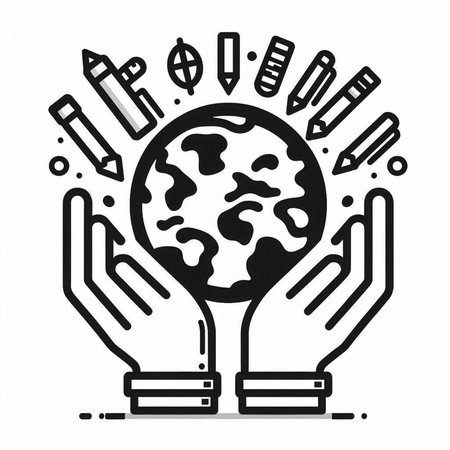 globe and hand drawn pencils on white background, vector illustrationの写真素材