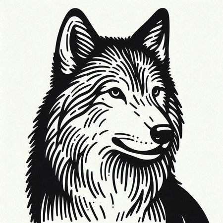 Illustration of a wolf head in engraving style on white background