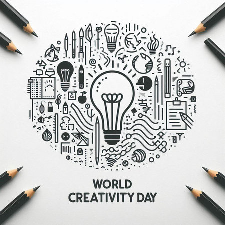 World Creativity Day concept. Lightbulb and pencils on paper background.