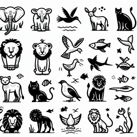 Set of black and white doodle animals icons. Vector illustration.の写真素材
