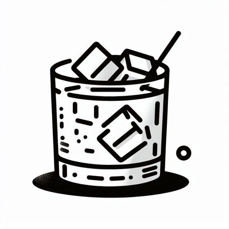 black and white illustration of a glass with ice cubes and a strawの写真素材