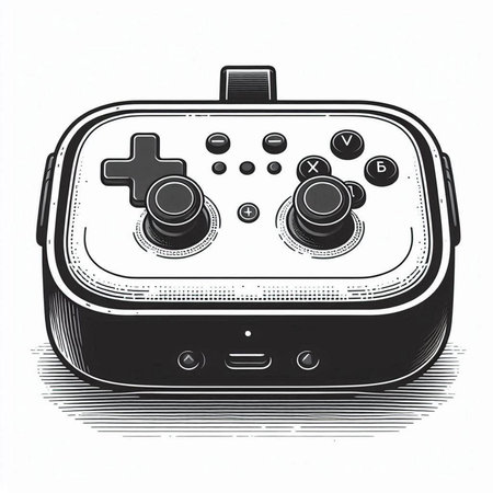 Illustration of a vintage video game controller on a white background.