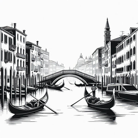 Gondolas on the Grand Canal in Venice, Italy. Hand drawn vector illustration.の写真素材