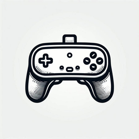 Retro video game controller in vintage engraving style. Vector illustration.