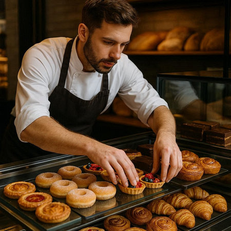 Male baker in apron making buns in bakery shop. Handsome man working in bakery.