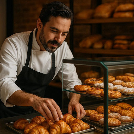 Baker working in a bakery. Man in apron making fresh croissants.