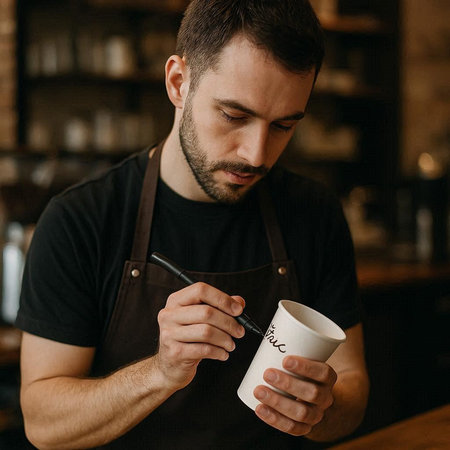 handsome barista with a cup of coffee in his hands.