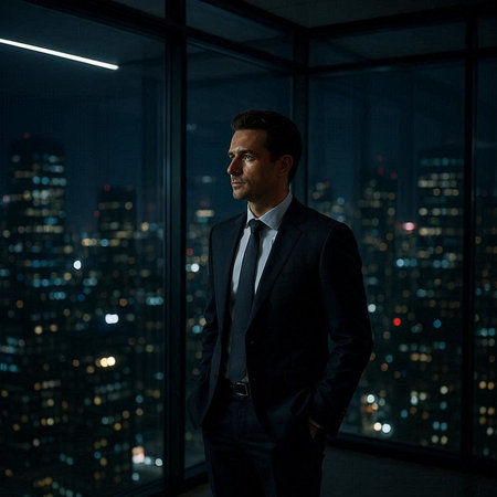 Portrait of a handsome businessman standing in front of a window at night