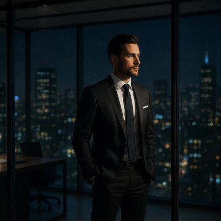 Portrait of a confident young businessman standing in front of a window at night.