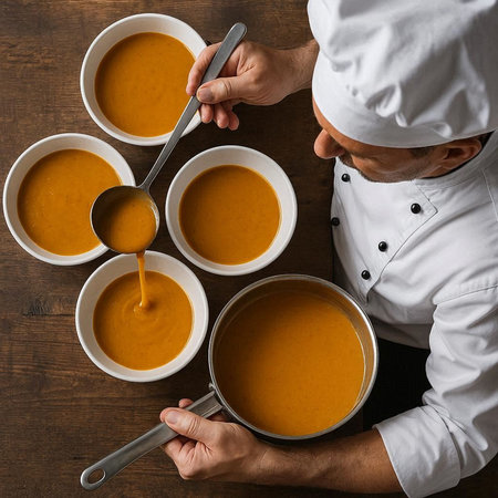 Top view of a male chef preparing pumpkin soup in a white bowl.