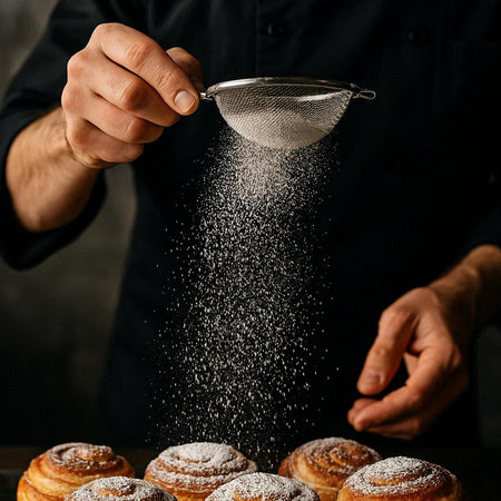 Male hands sprinkling sugar on freshly baked buns. Dark background.