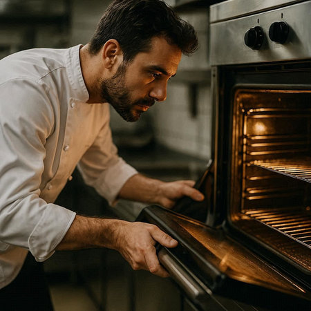 side view of mature man in white shirt cooking in oven at bakery