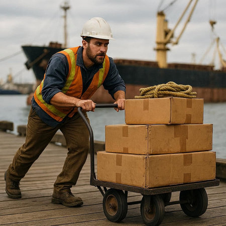 Portrait of a worker in uniform and hardhat carrying boxes.