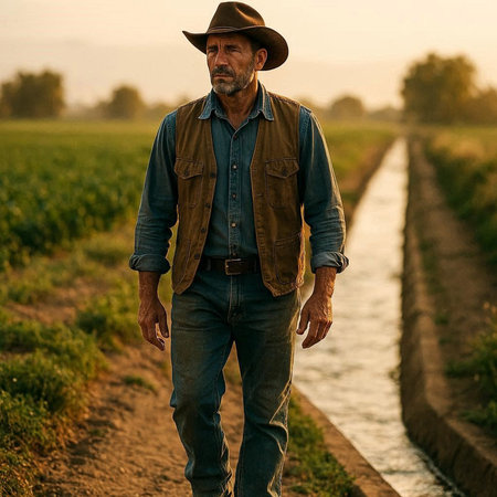 Farmer standing in the field and looking at the camera with a serious expression
