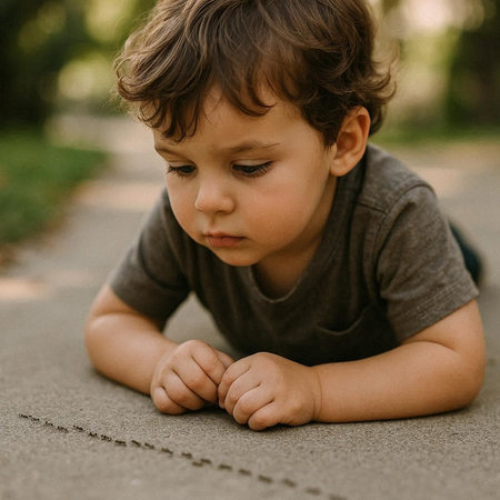 little boy crawling on the ground in the park, close-up