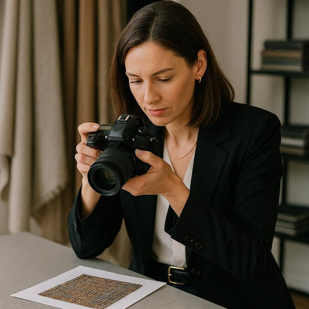 Young businesswoman taking photos with camera in office. Portrait of a female photographer