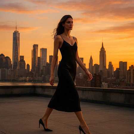 Beautiful young woman in black evening dress walking on the rooftop with New York city view