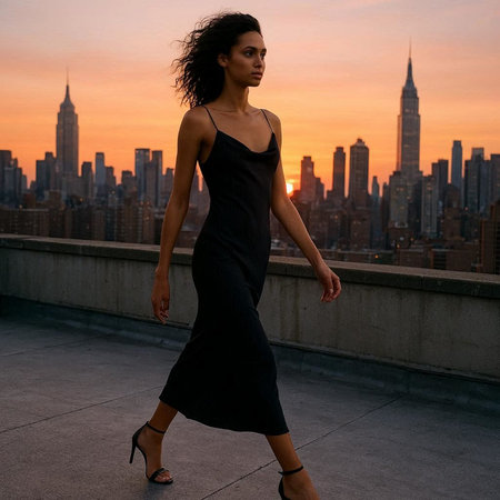 Beautiful brunette woman in a black evening dress on the roof of a skyscraper