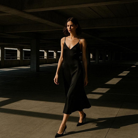 Beautiful woman in long black dress posing in the underground passage.