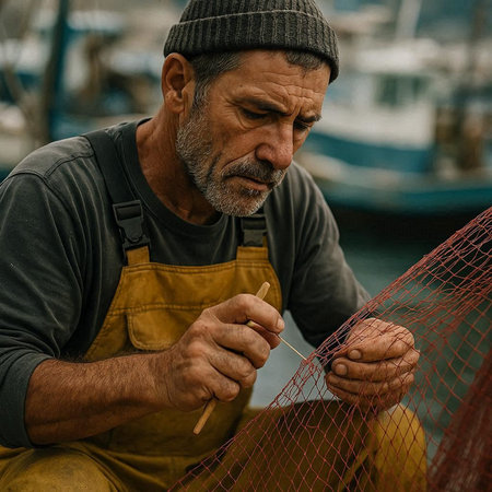 Portrait of a fisherman with a fishing net on the seashore