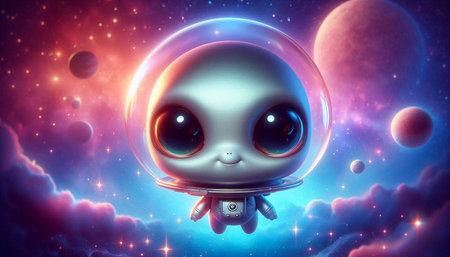 Cute alien in outer space, 3D rendering. Computer digital drawing.