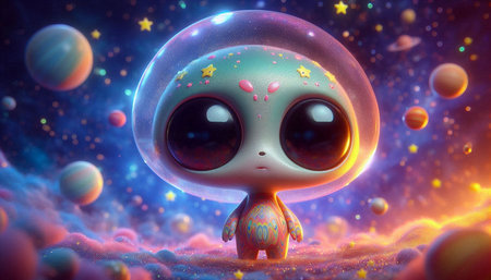 Alien in space with planets and stars, 3d illustration, horizontal