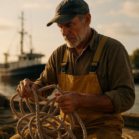 Portrait of a senior fisherman holding a rope in the port.