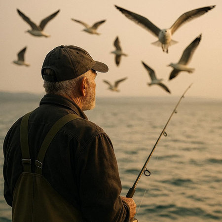 Fisherman with a fishing rod and seagulls.