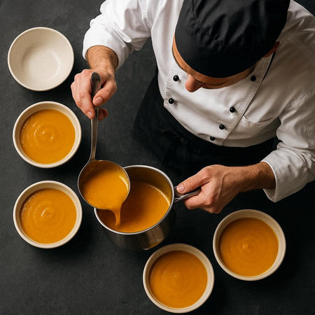 Chef in a white uniform and a black hat is preparing pumpkin soup.
