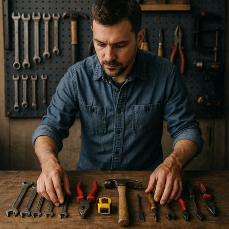 Handsome caucasian man in blue shirt working with tools in workshop