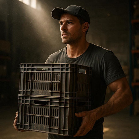 Portrait of a young man carrying a box in a warehouse.