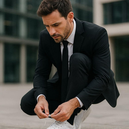 handsome businessman tying shoelaces on black suit and tie outdoors
