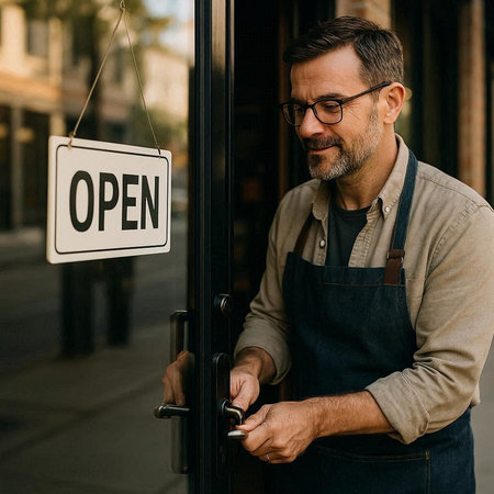 portrait of smiling mature man in apron holding open sign on door
