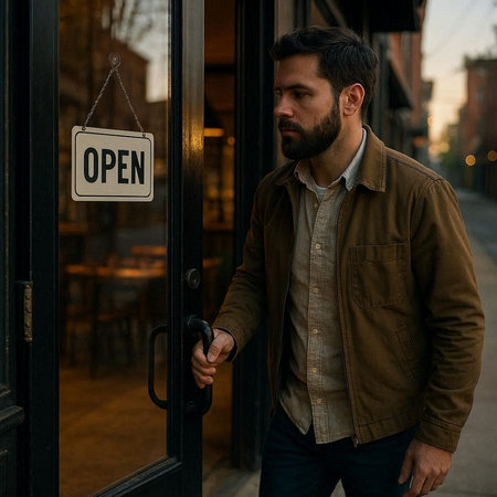 Handsome young man in a brown jacket with an open sign on the door of a cafe