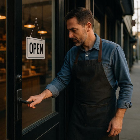 smiling waiter in apron holding open sign on door of cafe