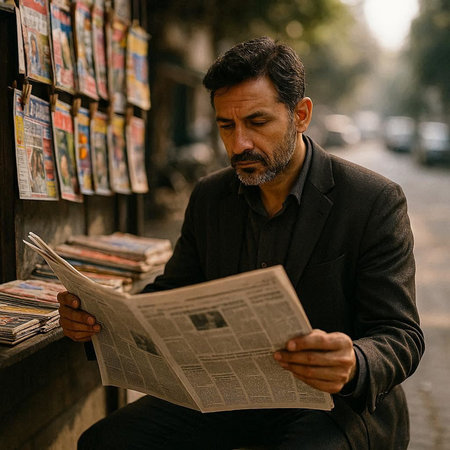 Handsome mature man reading a newspaper while sitting on the street.
