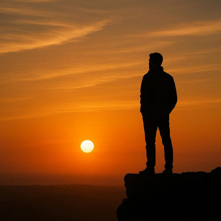 Silhouette of a man standing on top of a mountain and looking at the sunset