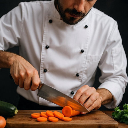 Chef cutting carrots on a wooden board in a restaurant kitchen.