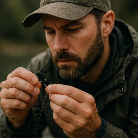 Fisherman with a fishing rod in his hands. Close-up.