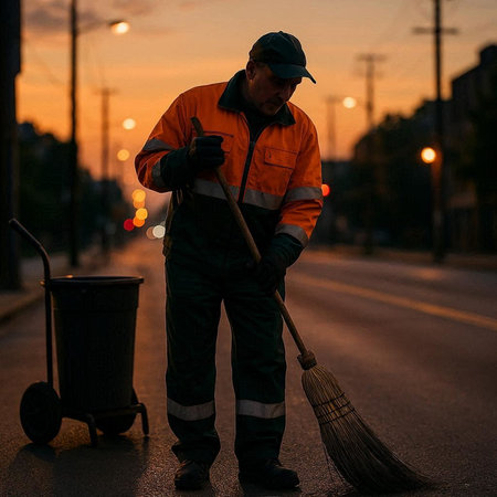 Worker with a broom on the street in the city at sunset