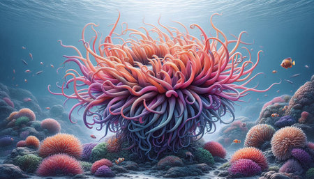 3D illustration of an abstract coral reef in deep blue ocean.