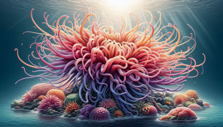3d illustration of sea anemone and corals under water
