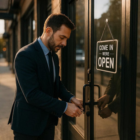 Handsome young businessman in suit opening door to new office.