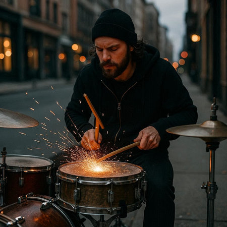 Musician playing drums on the street in the evening. Street music.
