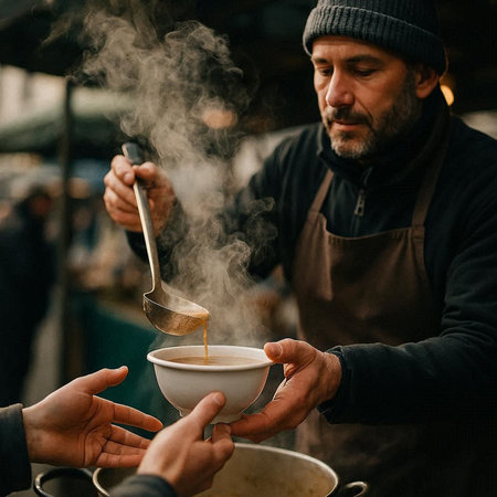 Coffee seller serving a hot drink to a customer at a street food market